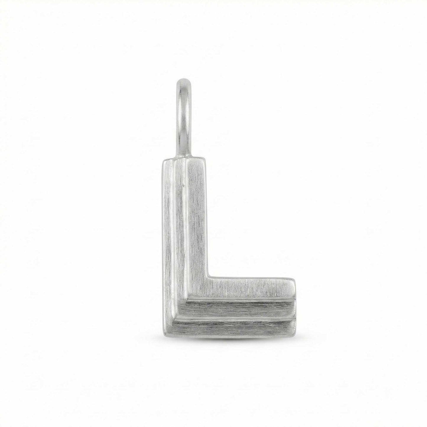 Silver letter 'L' pendant on a white background
