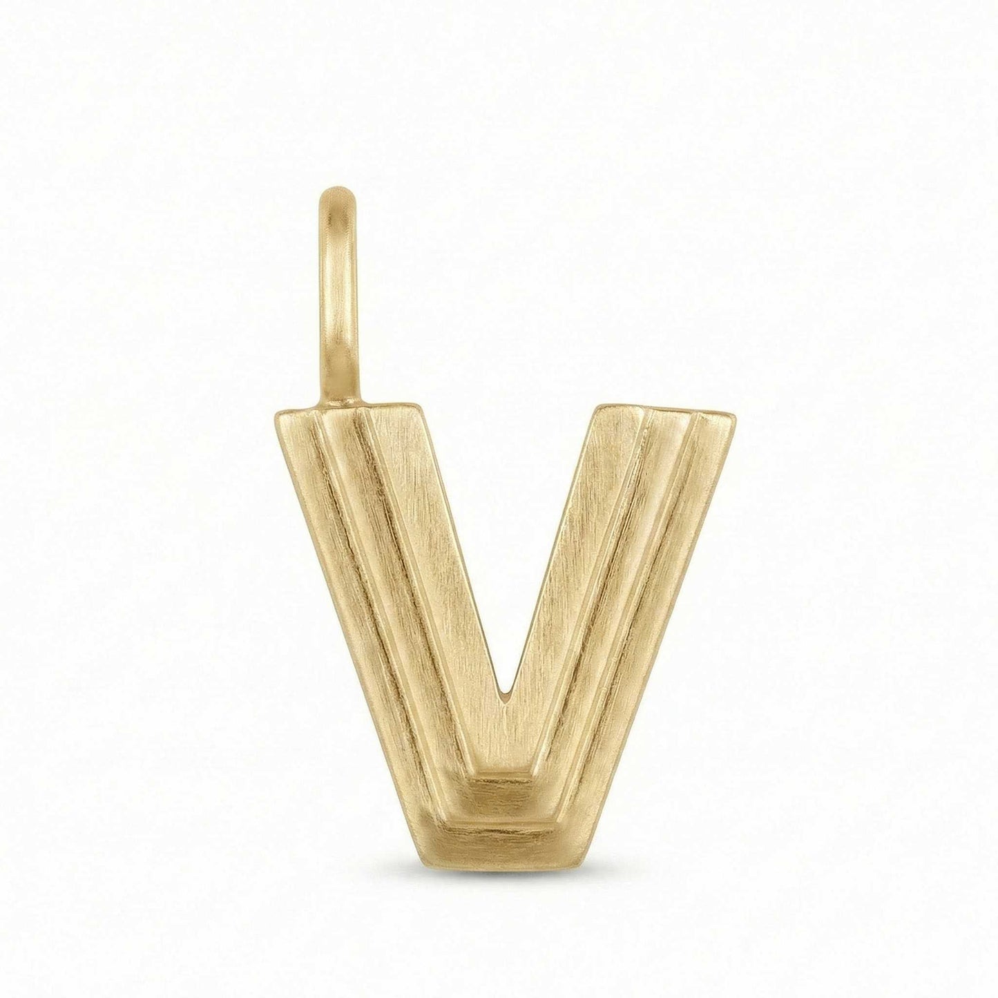 Gold letter 'V' pendant on a white background