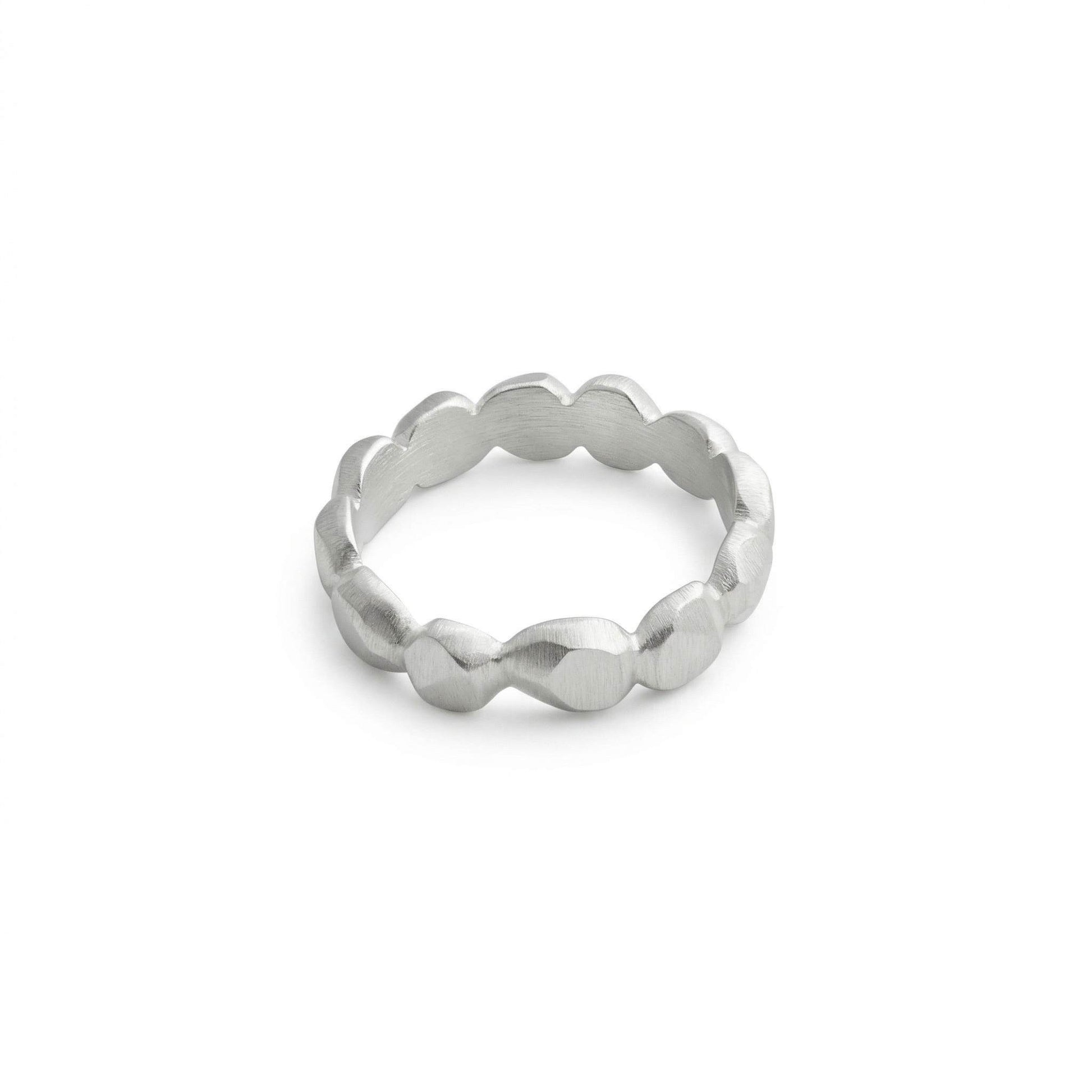 Silver ring with a textured band on a light gray background