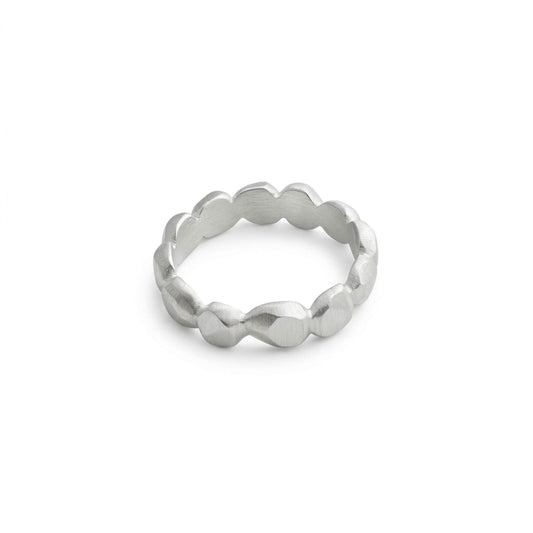 Silver ring with a textured band on a light gray background