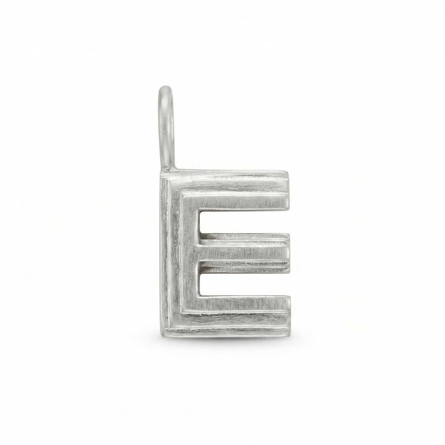 Silver letter 'E' pendant on a white background