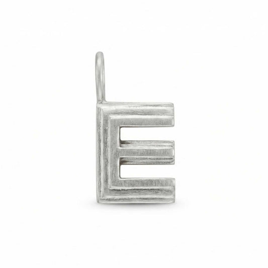 Silver letter 'E' pendant on a white background