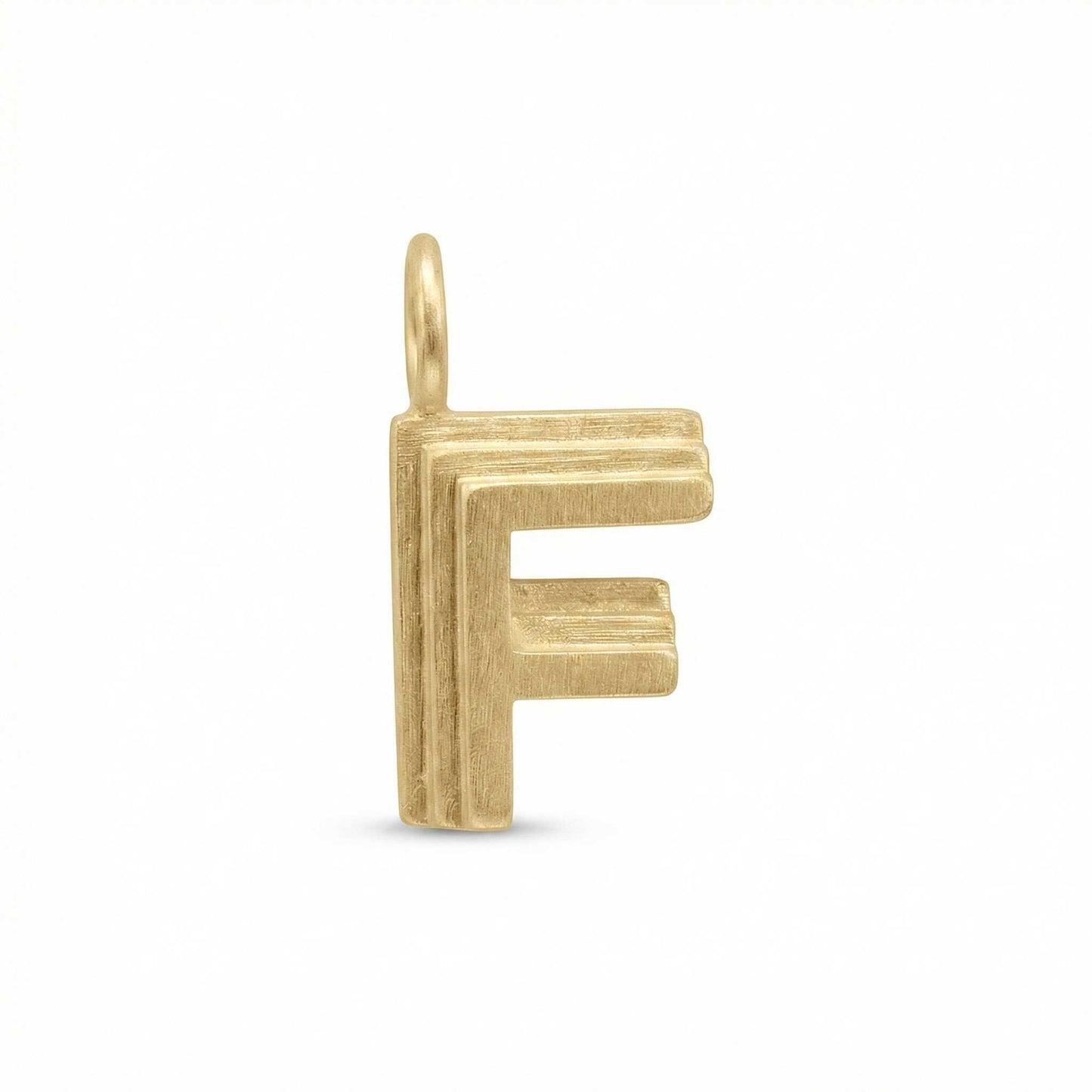 Gold letter 'F' pendant on a white background
