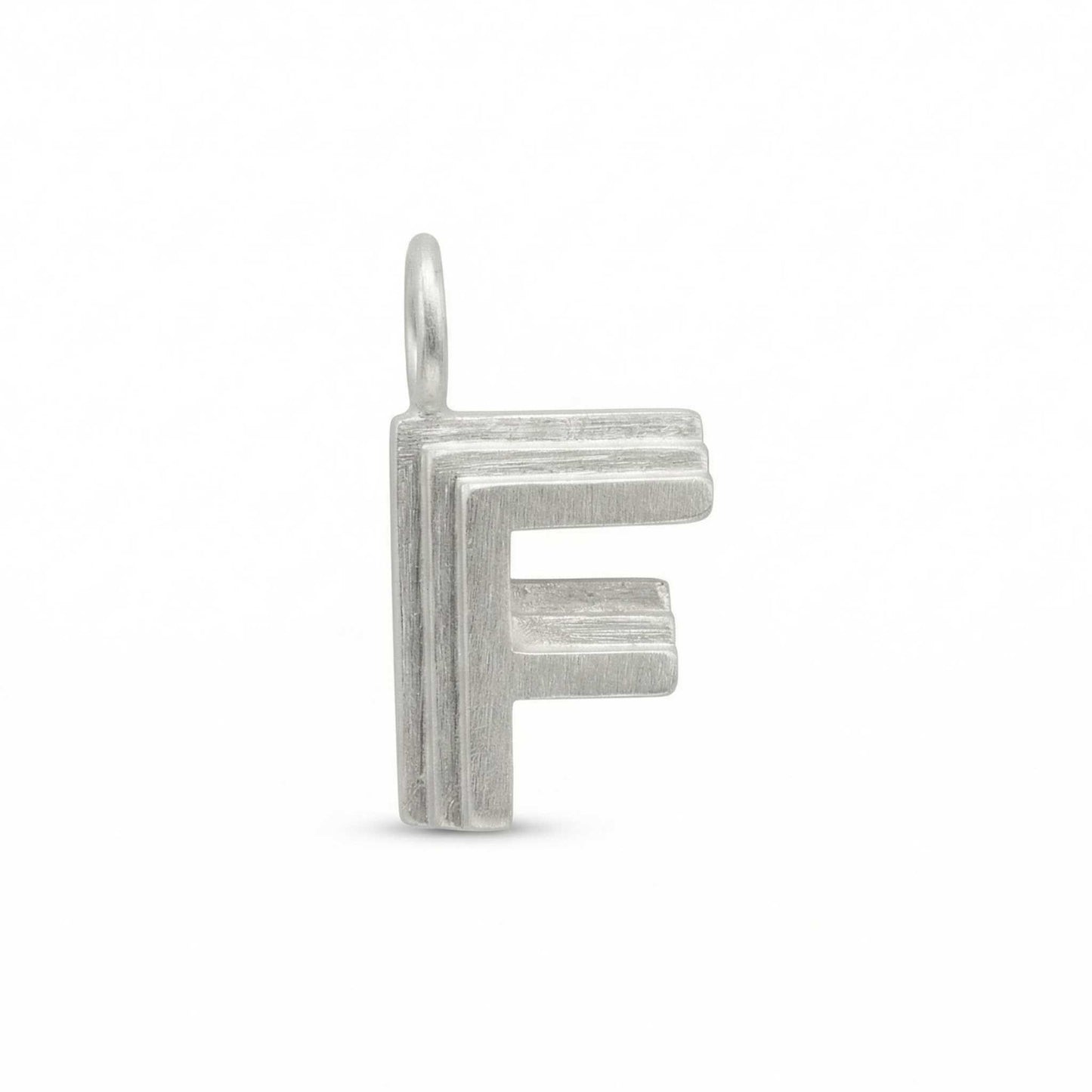 Silver letter 'F' pendant on a white background