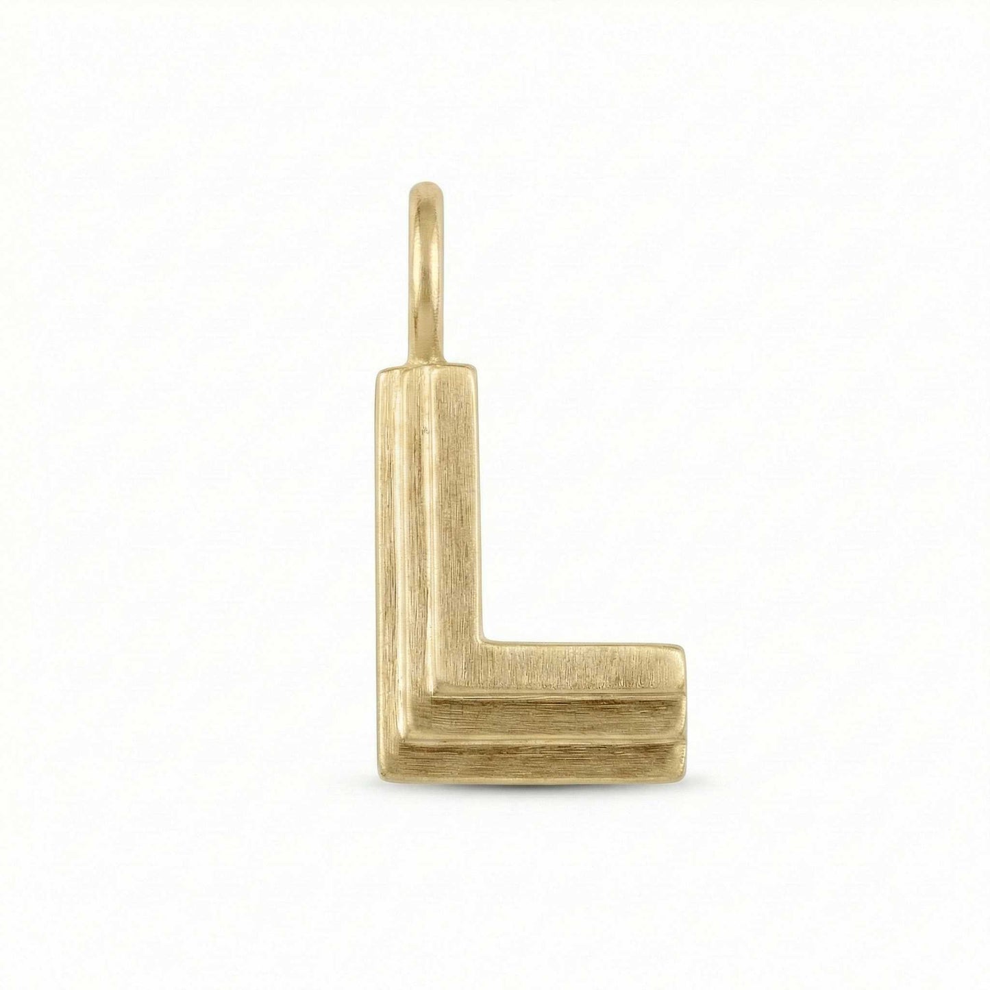 Gold letter 'L' pendant on a white background