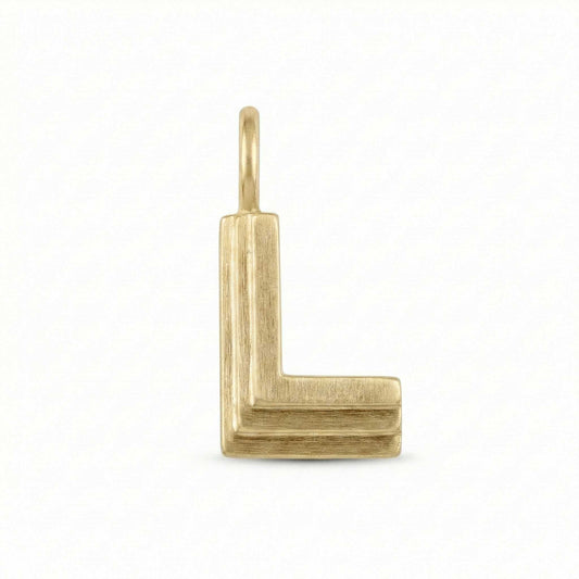 Gold letter 'L' pendant on a white background