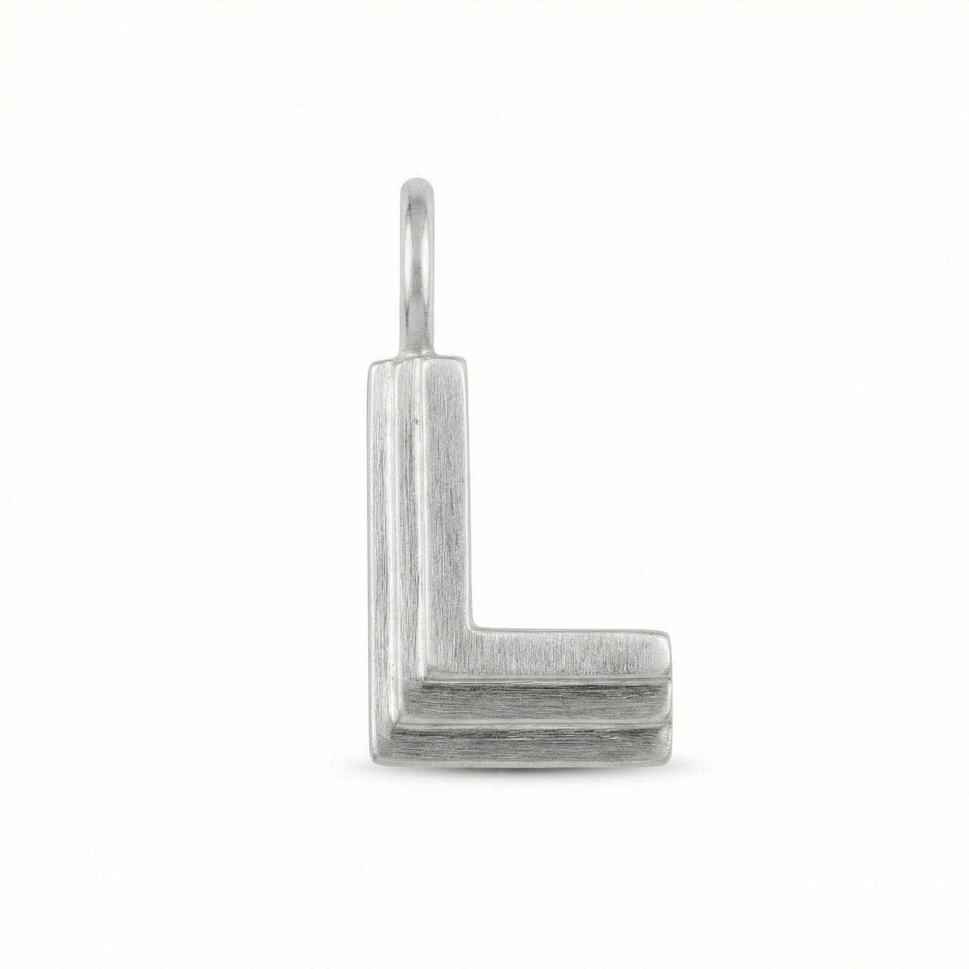 Silver letter 'L' pendant on a white background