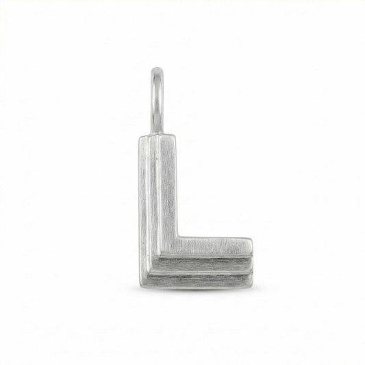 Silver letter 'L' pendant on a white background