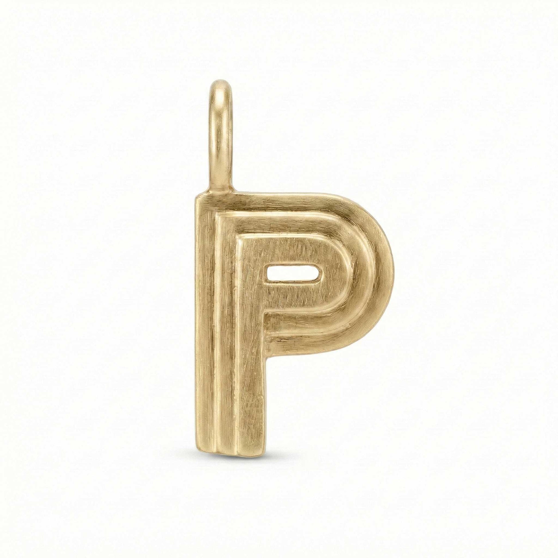 Gold letter 'P' pendant on a white background