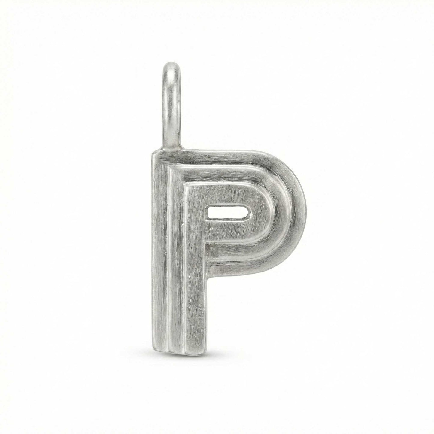 Silver letter 'P' pendant on a white background
