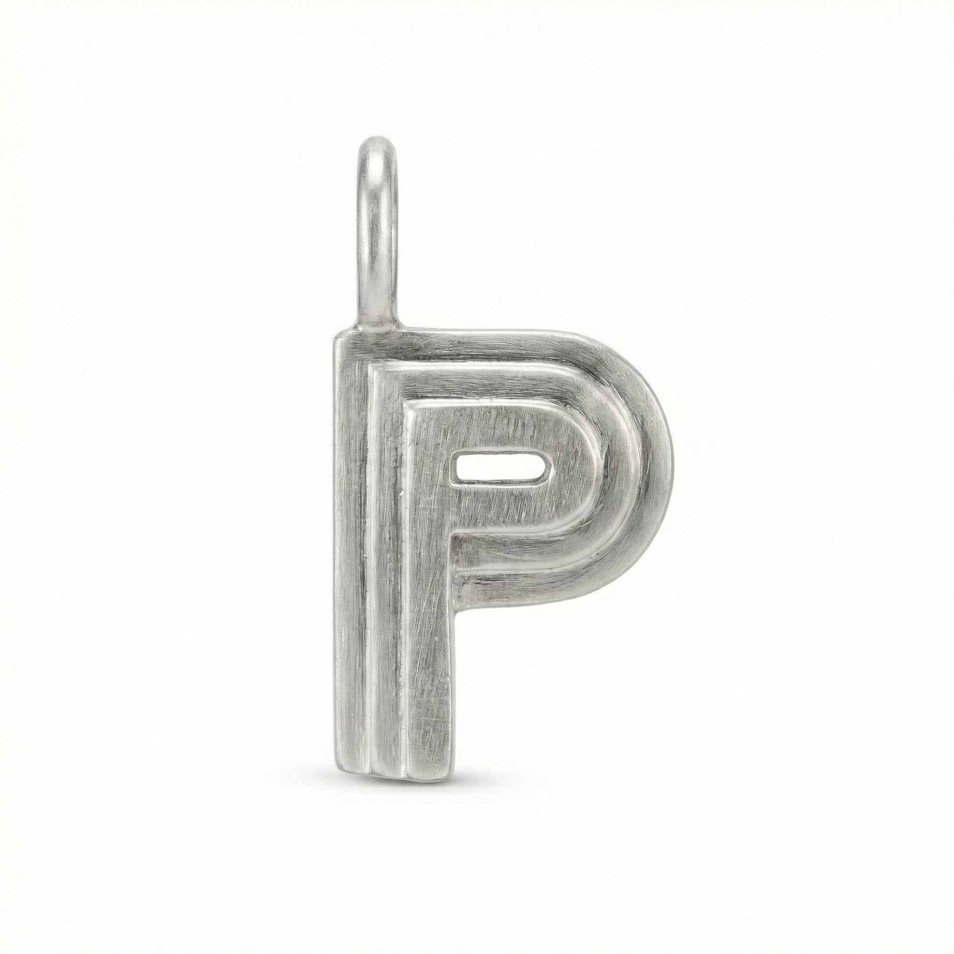 Silver letter 'P' pendant on a white background