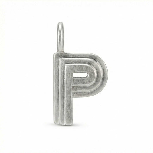 Silver letter 'P' pendant on a white background