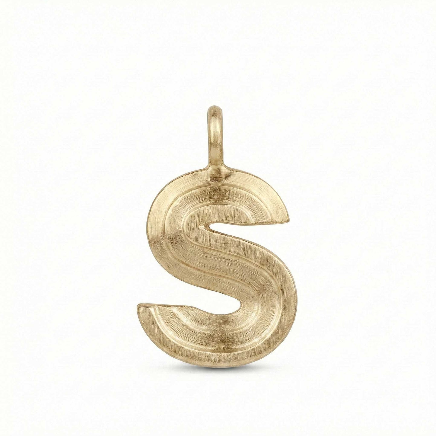 Gold letter 'S' pendant on a white background