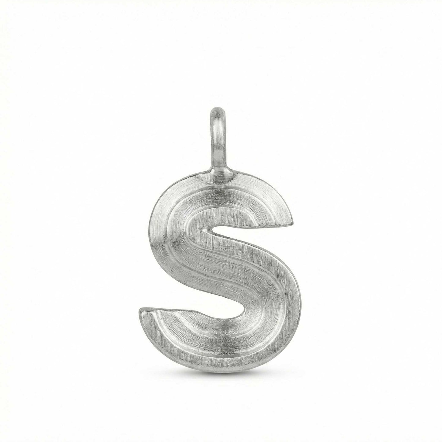 Silver letter 'S' pendant on a white background