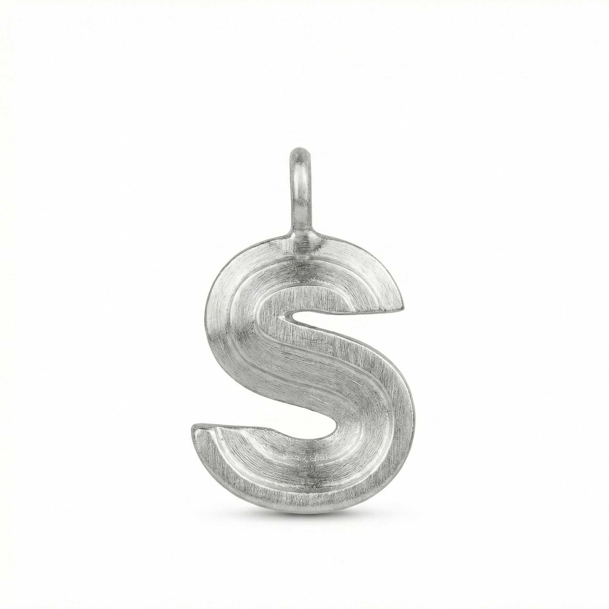 Silver letter 'S' pendant on a white background