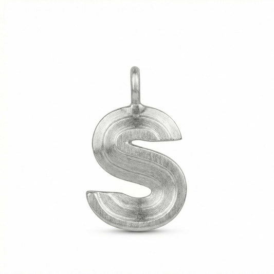 Silver letter 'S' pendant on a white background