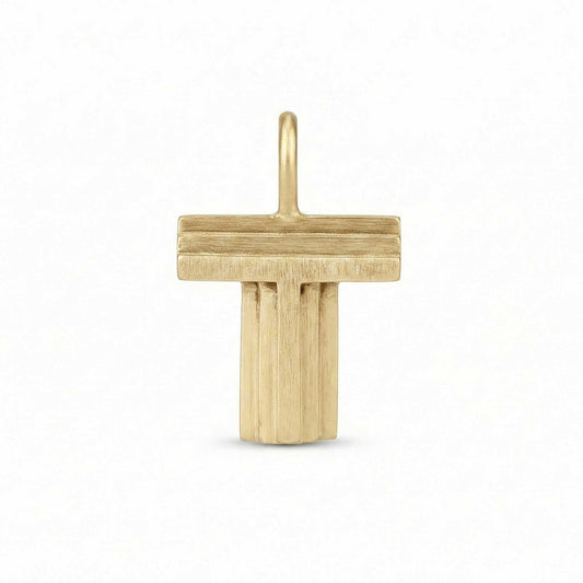 Gold letter 'T' pendant on a white background