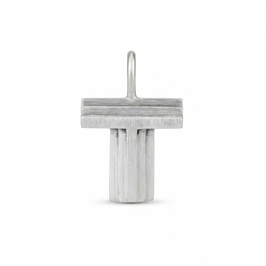 Silver letter 'T' pendant on a white background