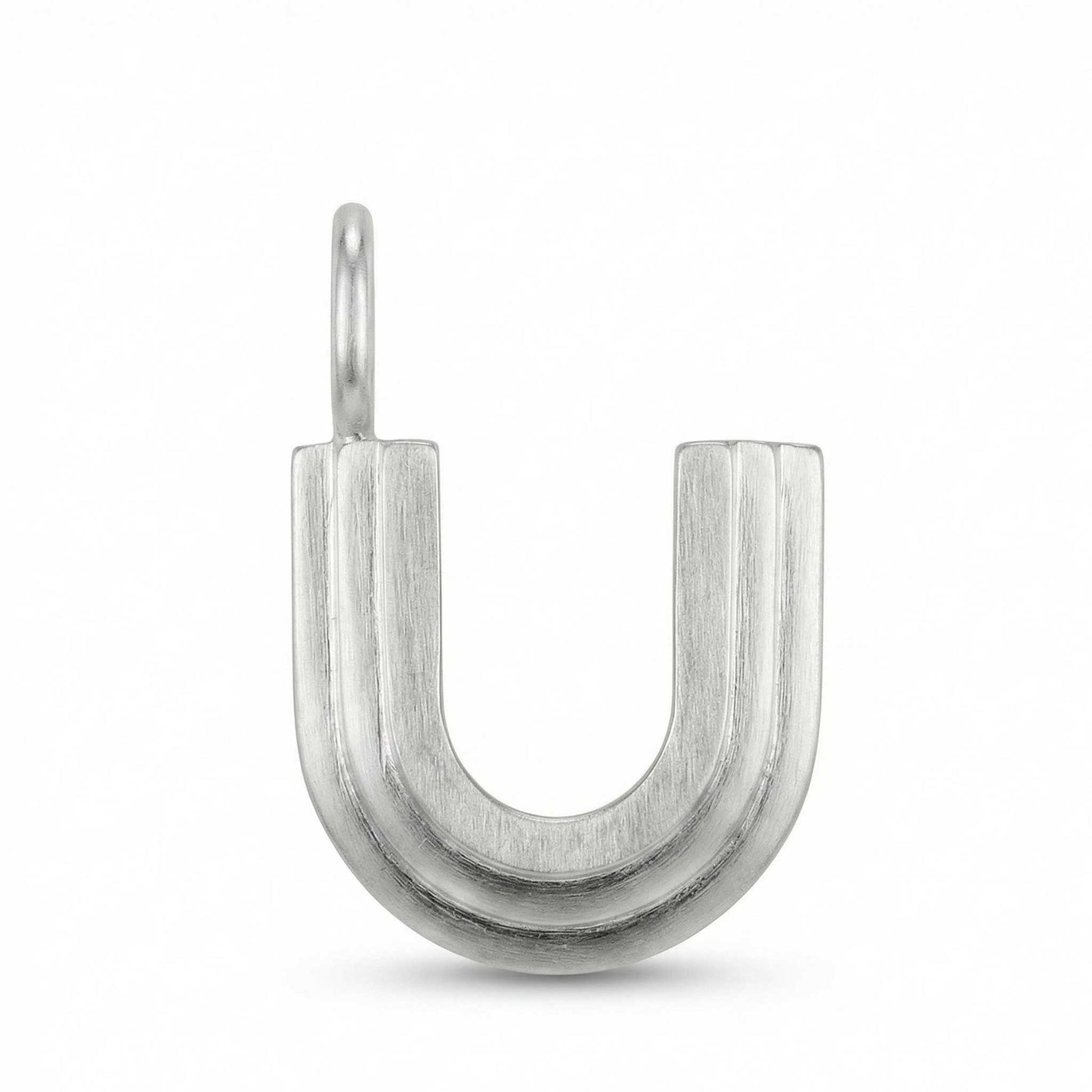 Silver letter 'U' pendant on a white background
