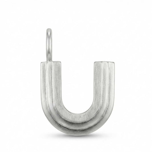 Silver letter 'U' pendant on a white background