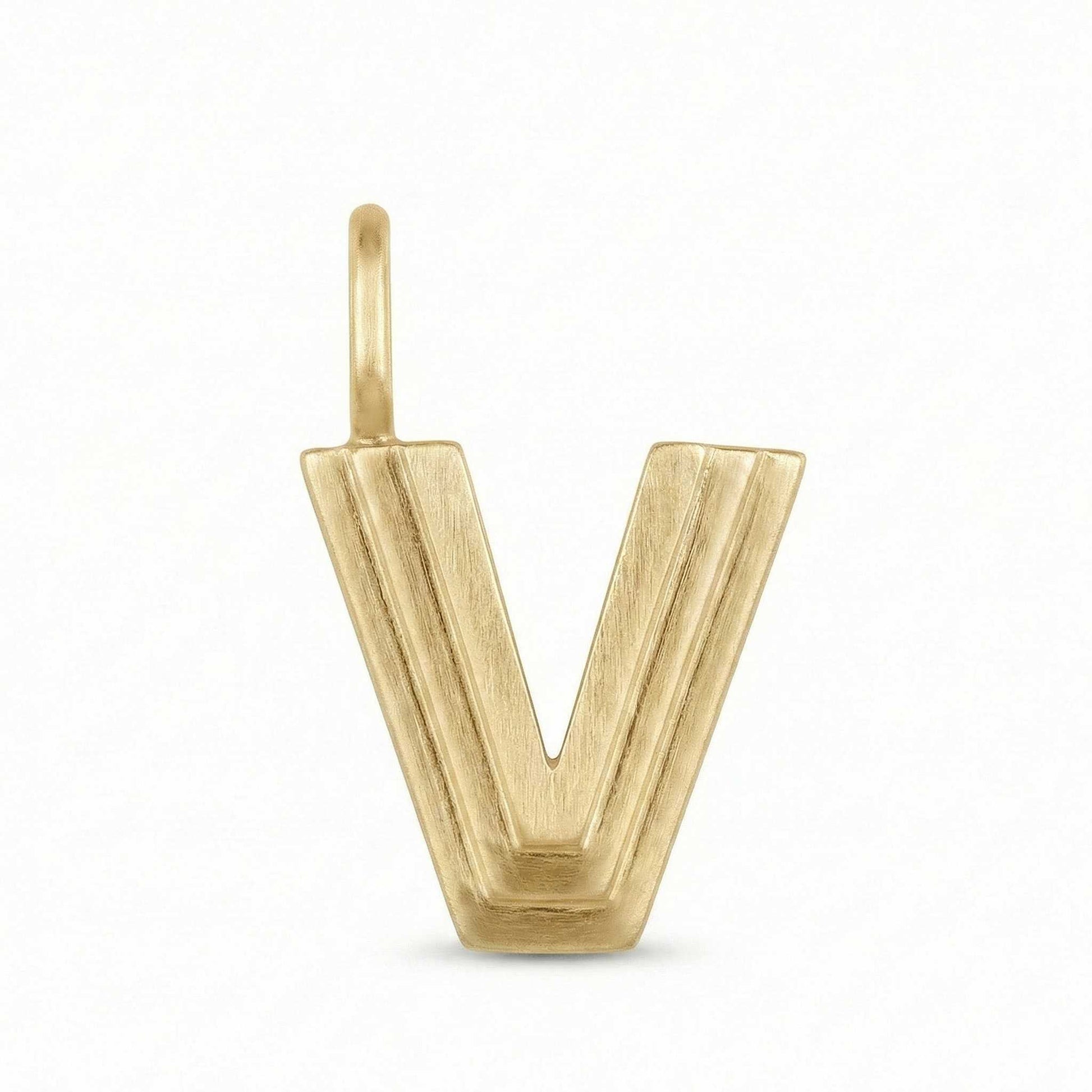 Gold letter 'V' pendant on a white background