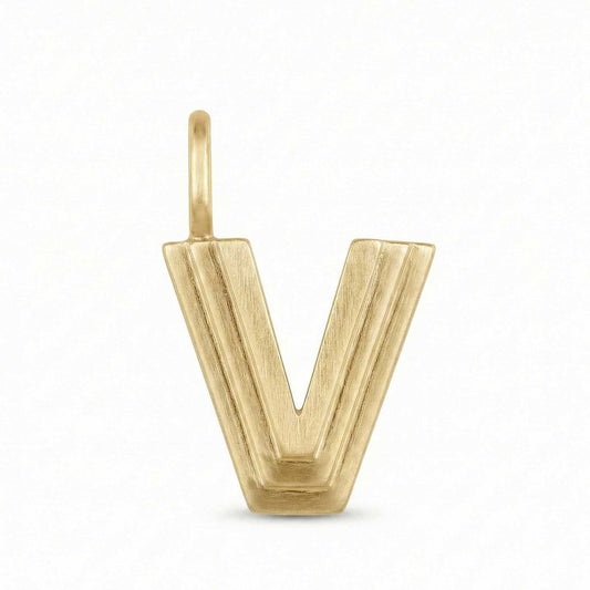Gold letter 'V' pendant on a white background