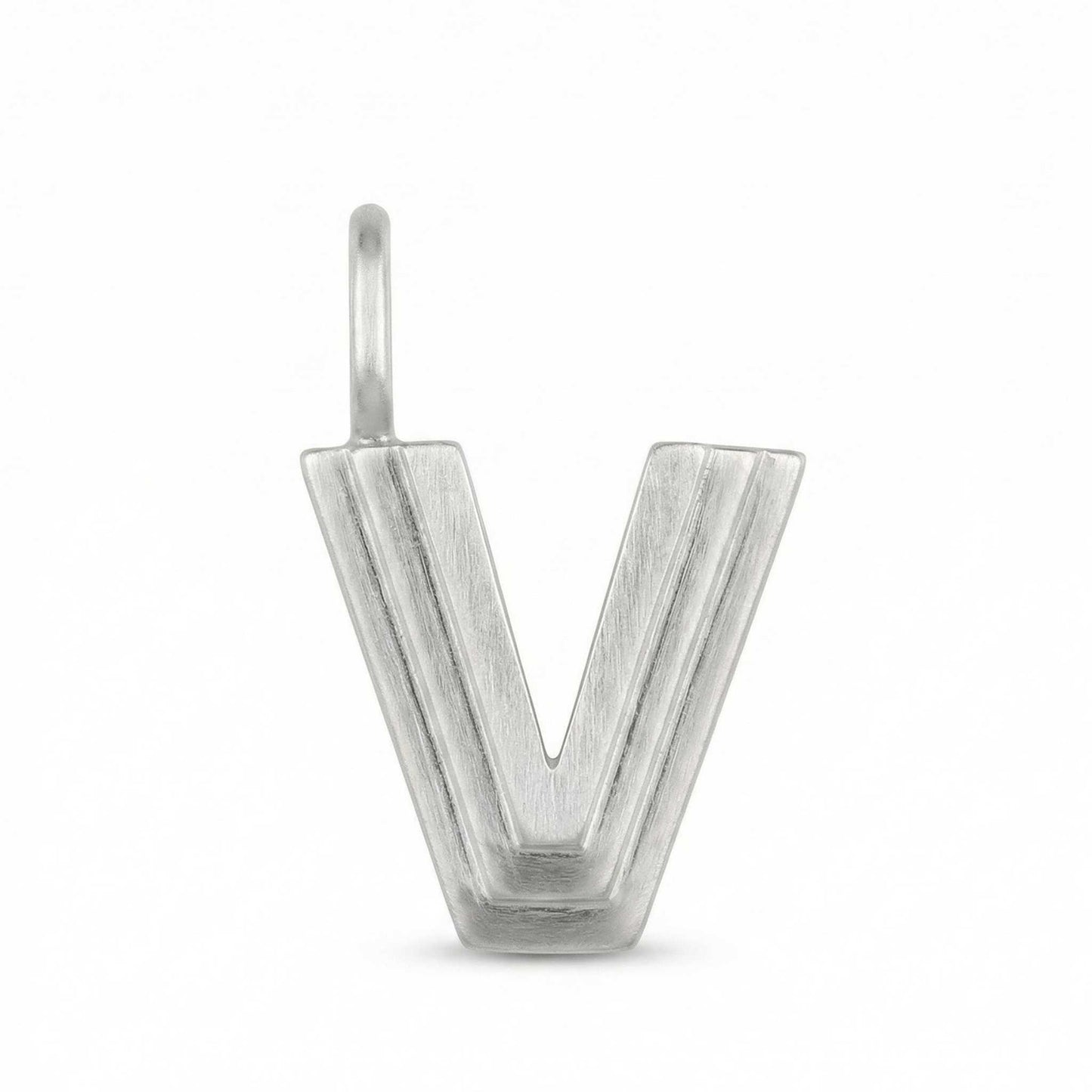 Silver letter 'V' pendant on a white background