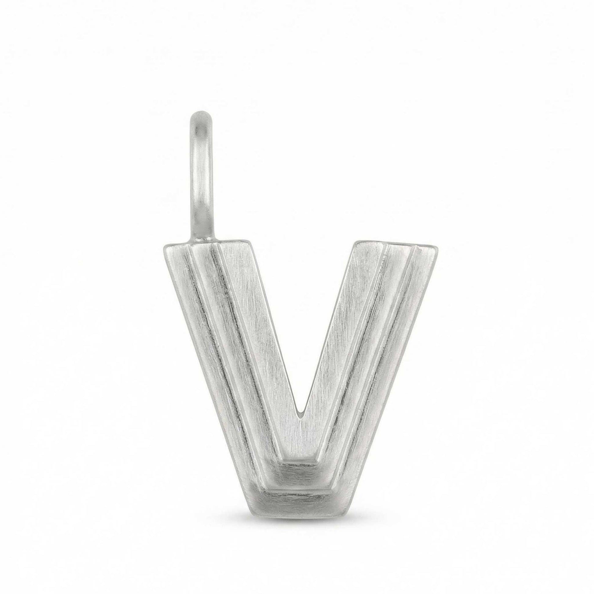 Silver letter 'V' pendant on a white background