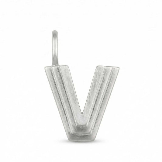 Silver letter 'V' pendant on a white background
