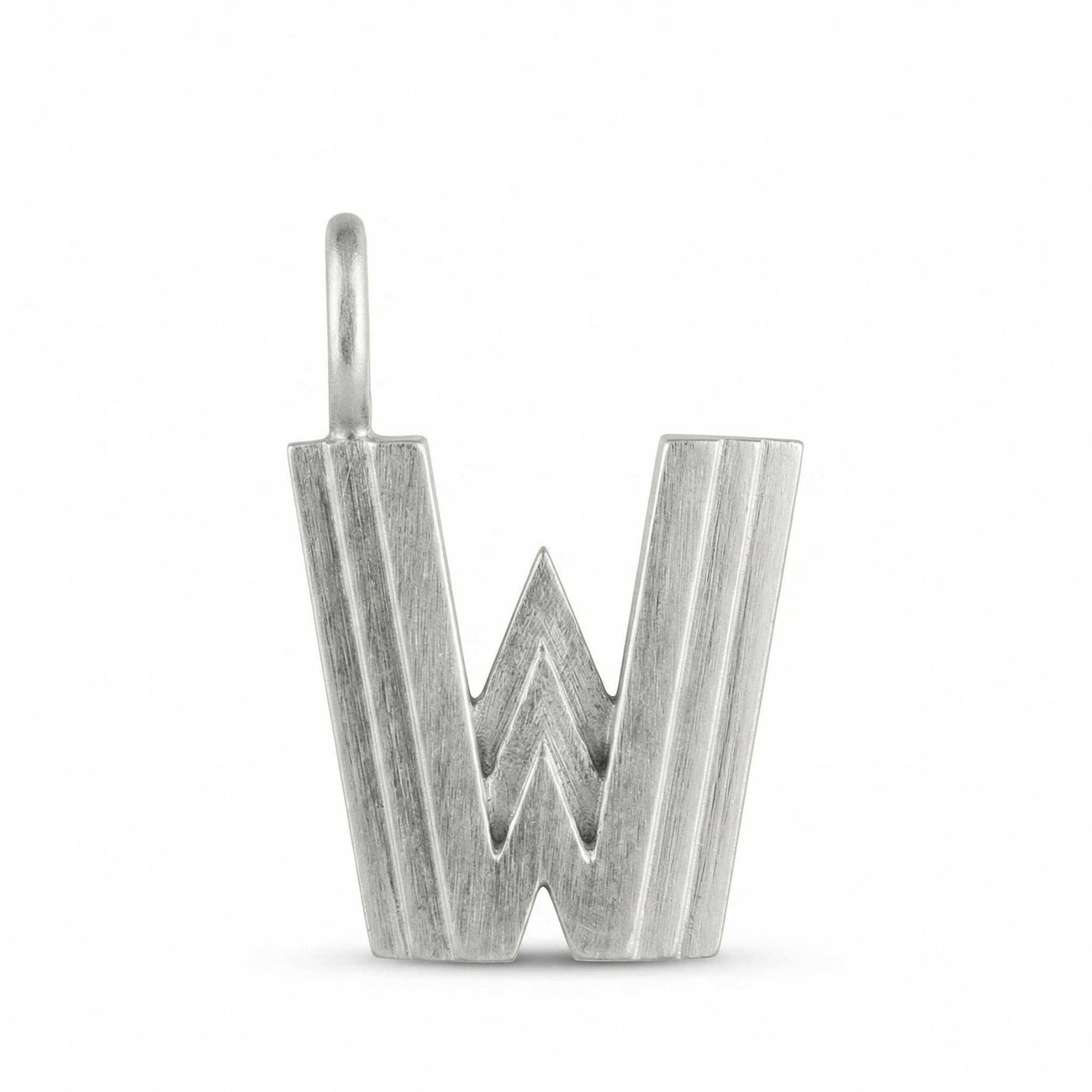 Silver letter 'W' pendant on a white background