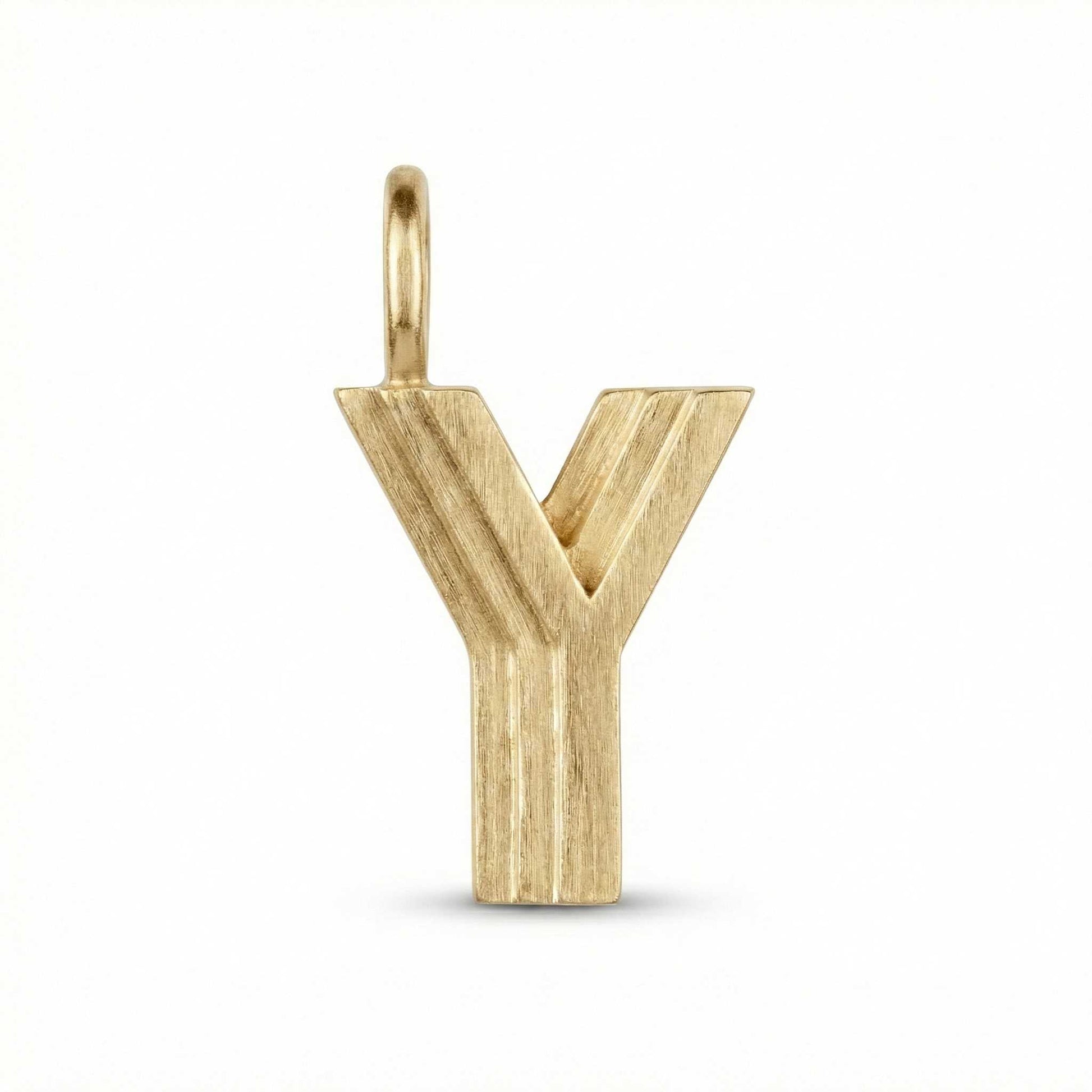 Gold letter 'Y' pendant on a white background